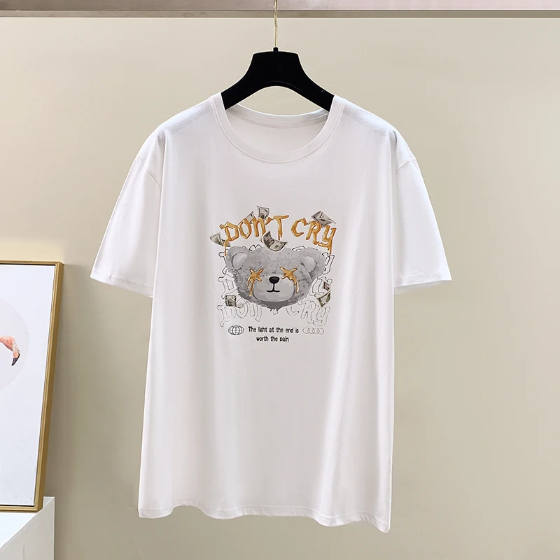 

Elegant Summer Office Top Female Short Sleeve Cartoon Bear T Shirt Cotton Woman Casual Loose Cotton T Shirt For Women SL46