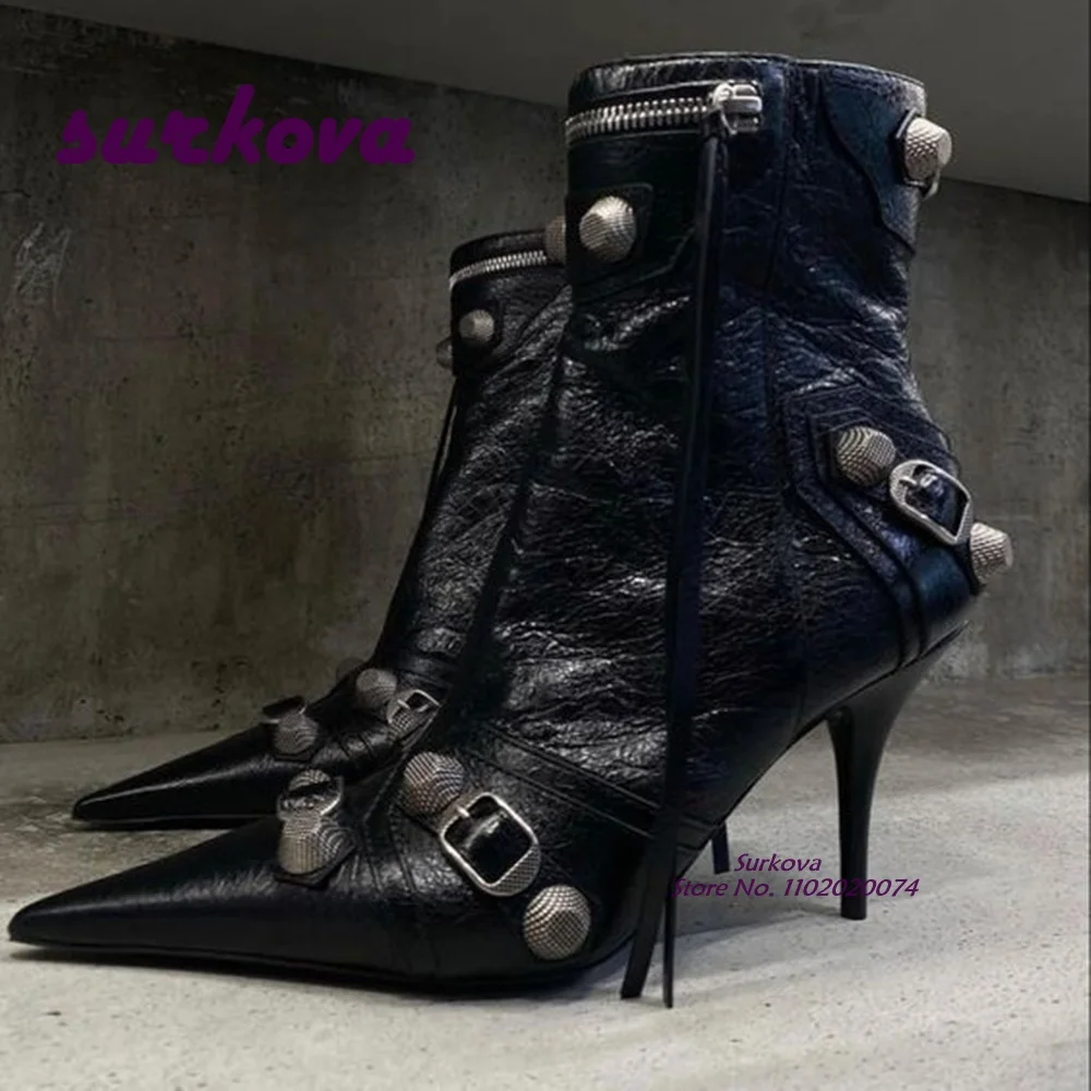 

Black Pleated Leather Rivet Ankle Boots 2023 New Designer Pointy Toe Fringe Short Booties Solid Buckle Women's Shoes Runway Sexy