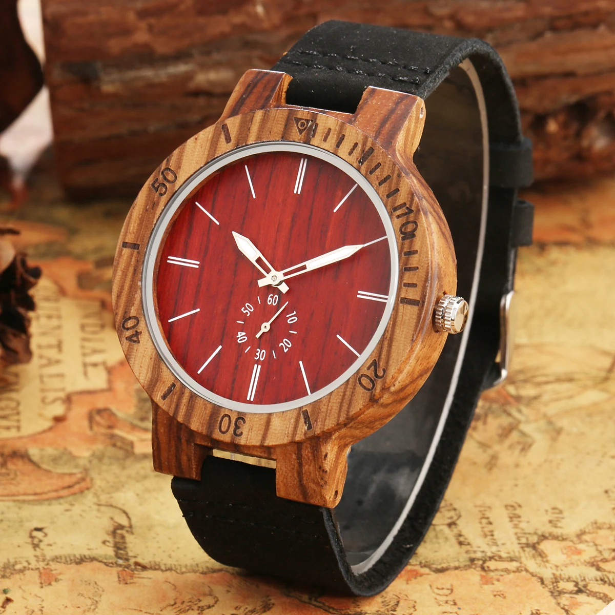 

Leather Black Band Wooden Watches Red Dial Wood Watch for Men Simple Arabic Numeral Dial Quartz Wristwatch Gift for Male Husband