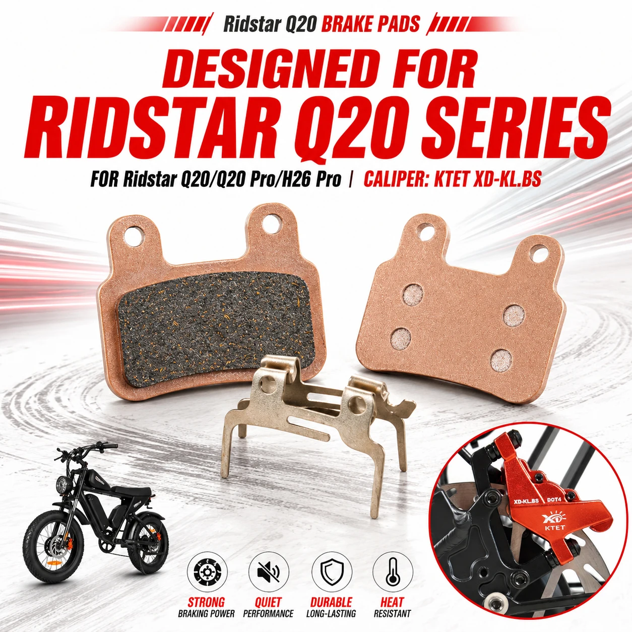 Фото Тормозные колодки Ridstar Q20 полуметаллические, антивибрационные, оптовая упаковка для EKX X21 Bopzin Q8 YVY K20 Freego X2 KTET XD-KL.BS Ebike №1
