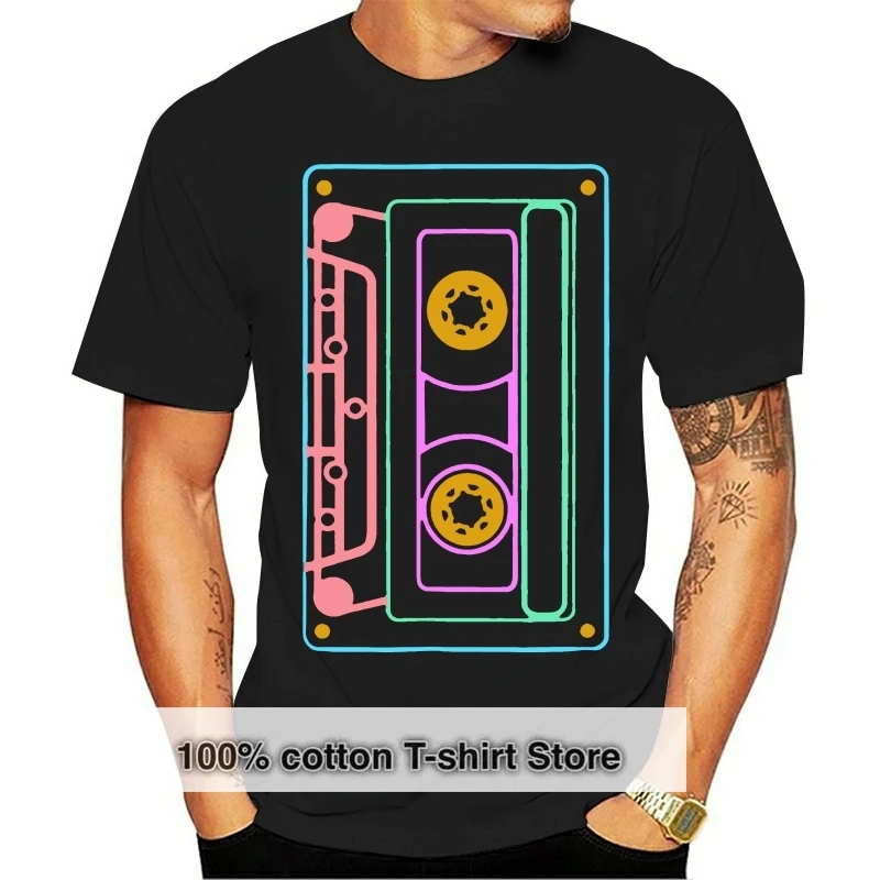 brand men 80s Retro Neon Sign Vintage Cassette T Shirt Fashion Mens Short sleeve T Shirt