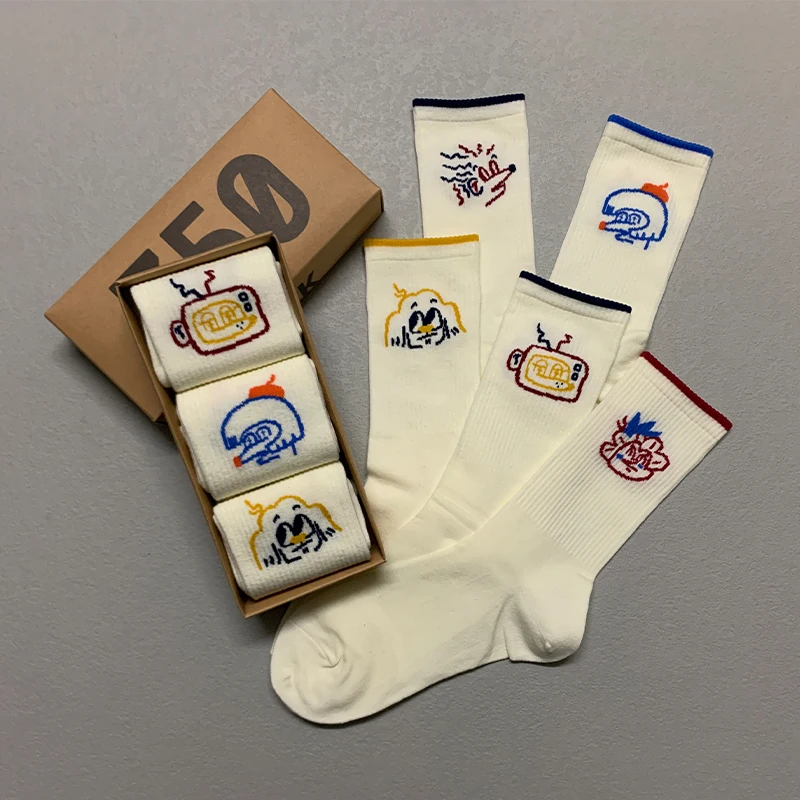 3 Pairs/Box Cute Cartoon Mouse Stockings Cotton Harajuku Soft White Simple Skateboard Long Funny Gifts for Men Women Socks Pack