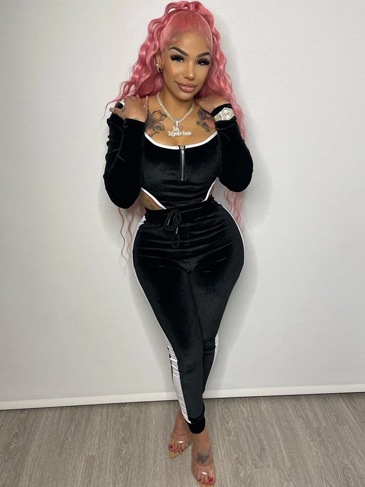 

Women's Sets Black White Color Block Velvet Tracksuit Long Sleeve Zipper Up One Piece Bodysuit and Drawstring Bodycon Warm Pants