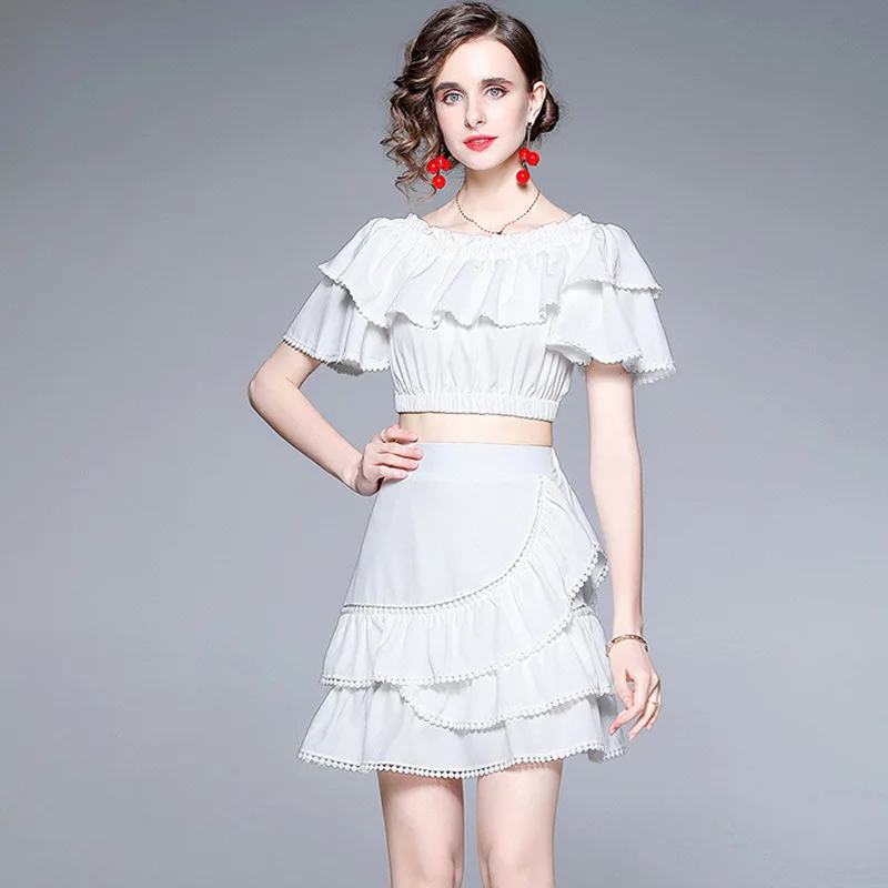 

Женский костюм с короткой юбкой, летний пикантный комплект из двух предметов с топом на одно плечо и оборками, короткая женская мини-юбка