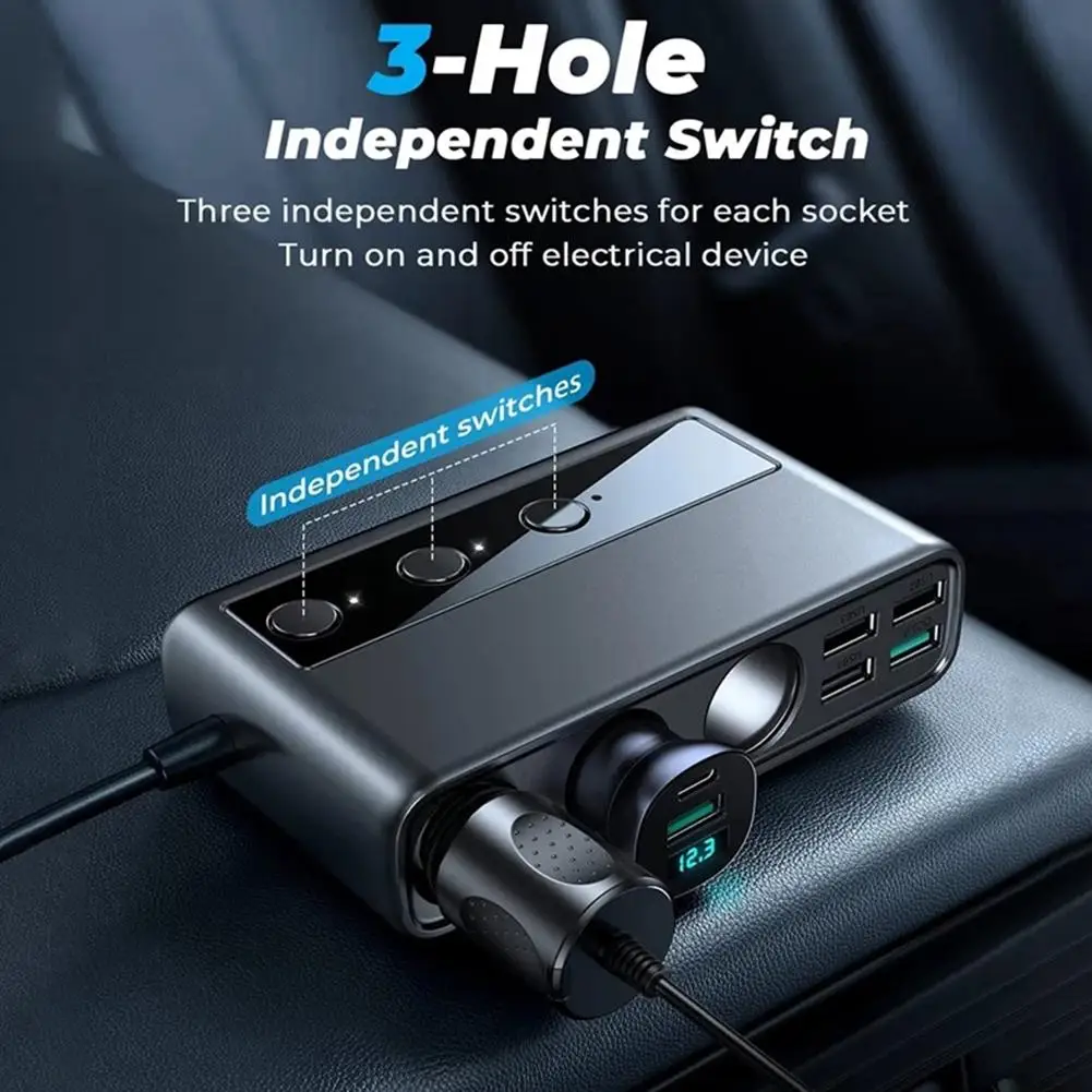 

9 в 1 Автомобильное зарядное устройство адаптер PD 3 гнезда прикуриватель DC 154 Вт переключатели Независимый выходной разветвитель зарядка сигарета C1T8