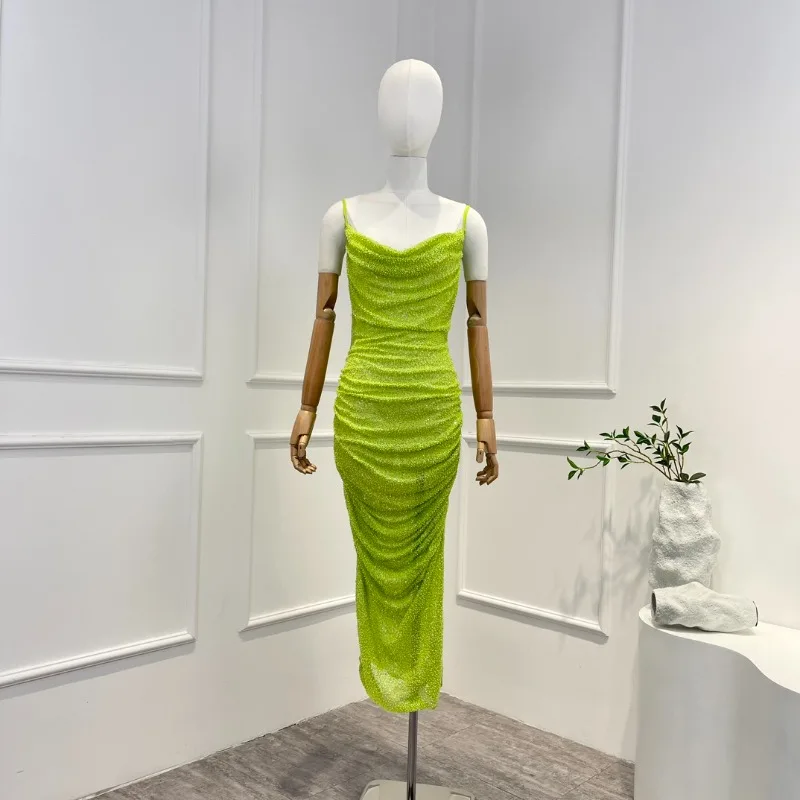 

2023 Summer Top Qaulity Yellow Green Sheath Bodycone Slash Neck Sleeveless Sequined Midi Sexy Dress