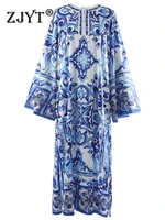 zjyt elegant runway blue and white print loose long maxi dress for women retro fashion casual holiday vestidos beach robe femme