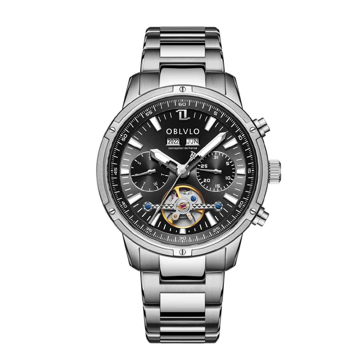 

OBLVLO Business Men Automatic Watch Mechanical Tourbillon Luminous Stainless Steel Strap Sapphire Year Calendar Week Clock CM-T