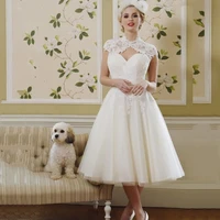 tixlear vintage lace applique tulle short wedding dress removable cape beach bridal gown tea length civil vestido de novia 2022