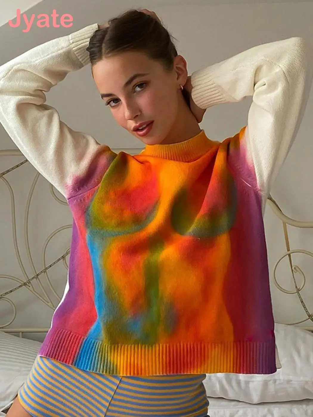 

Jyate Y2K Body Printed Sweaters Colorful Patchwork Knitted Jumpers Women Fashion Streetwear Aesthetic Knitwear Autumn Winter