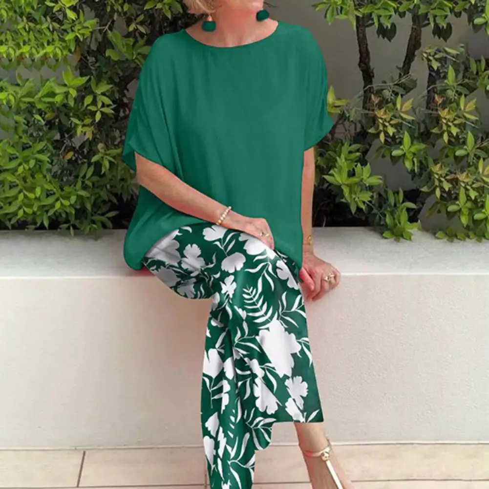 

2 Pcs/Set Women T-shirt Pants Set Round Neck Elastic Waist Wide Leg Short Sleeves Loose Soft Summer Trcksuit 2023 Fashion Set