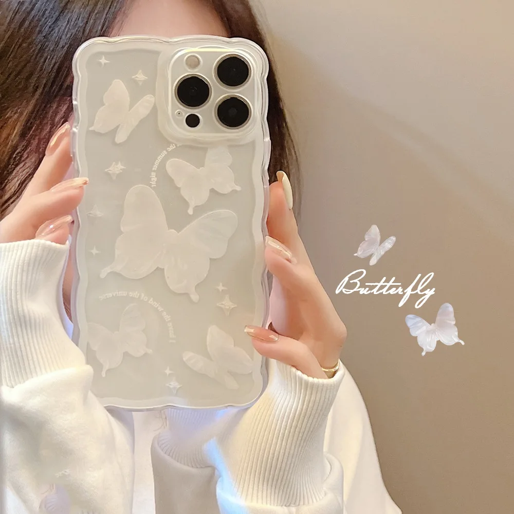 Retro crystal white butterfly wave transparent Phone Case For iPhone 14 13 11 12 Pro Max XR 14Plus Xs Max 8 Plus Case Cute Cover
