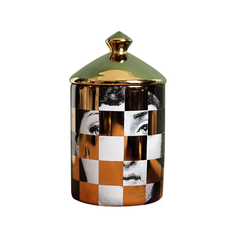 

Creative Golden Candle Jar Candy Nut Jar with Lid Delicate Face Decoration Handicraft Gold Plated Candle Holder Cotton Swab Box