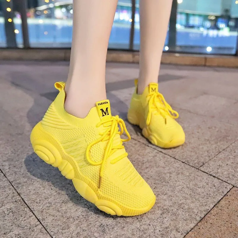 

Women Platform Sneakers Breathable Mesh Lace Up Casual Shoes Pink Flying Comfort Slip On Korean Yellow Sneakers Women Shoes