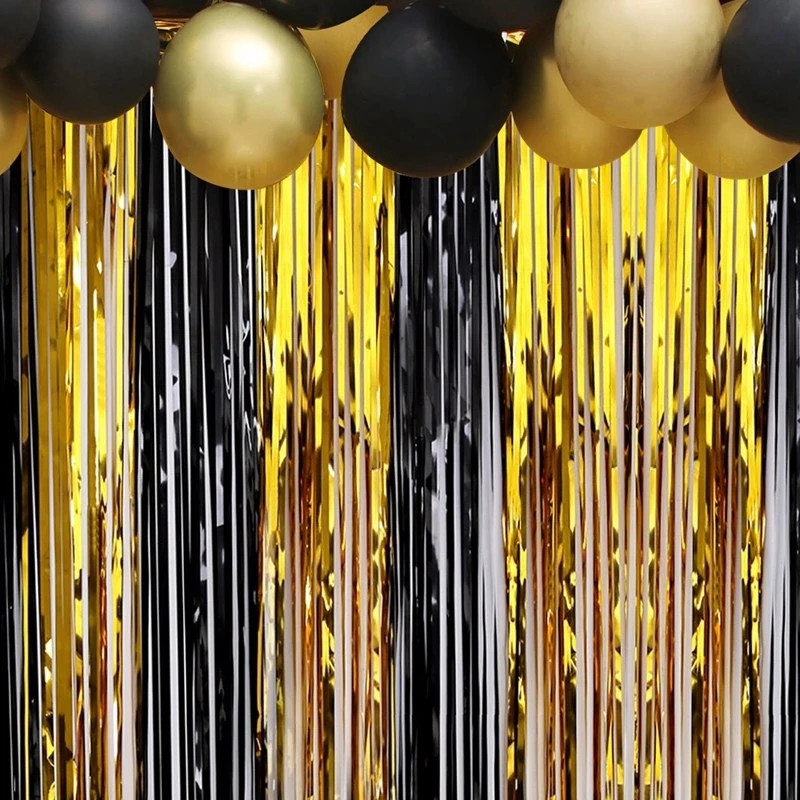 

Birthday Party Decorations Backdrop Curtains Glitter Black Gold Tinsel Fringe Foil Curtain Background Wedding Adult Anniversary