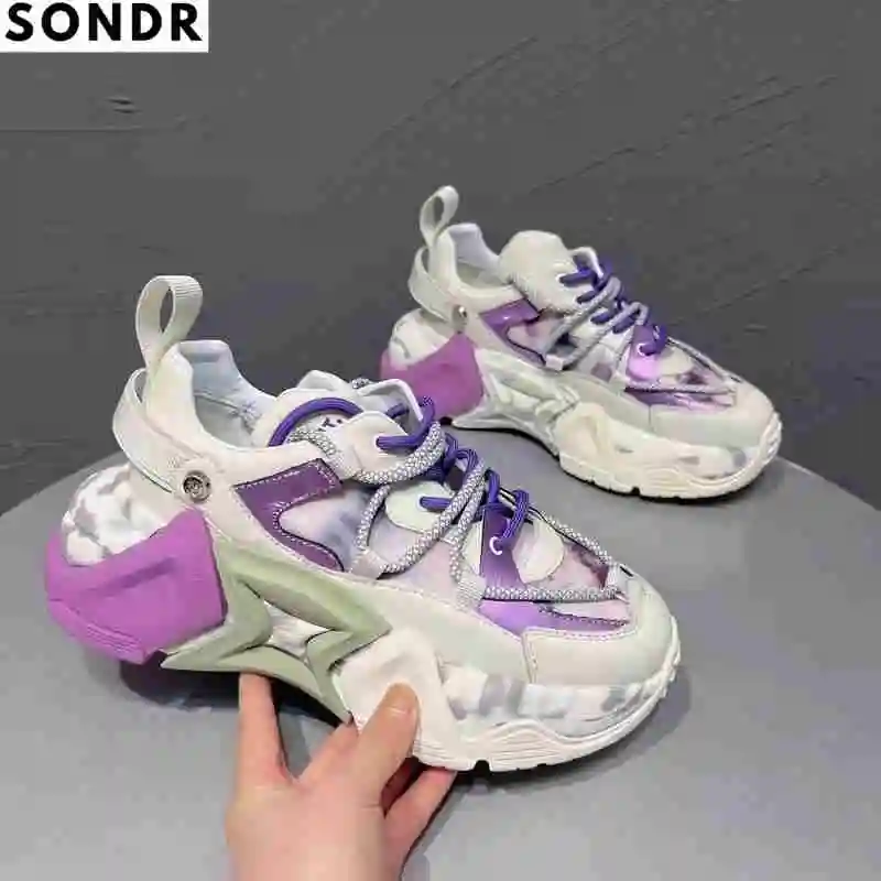 

European station women's shoes spring 2022 new fashion lace-together color sponge cake thick sole daddy shoes casual sports shoe