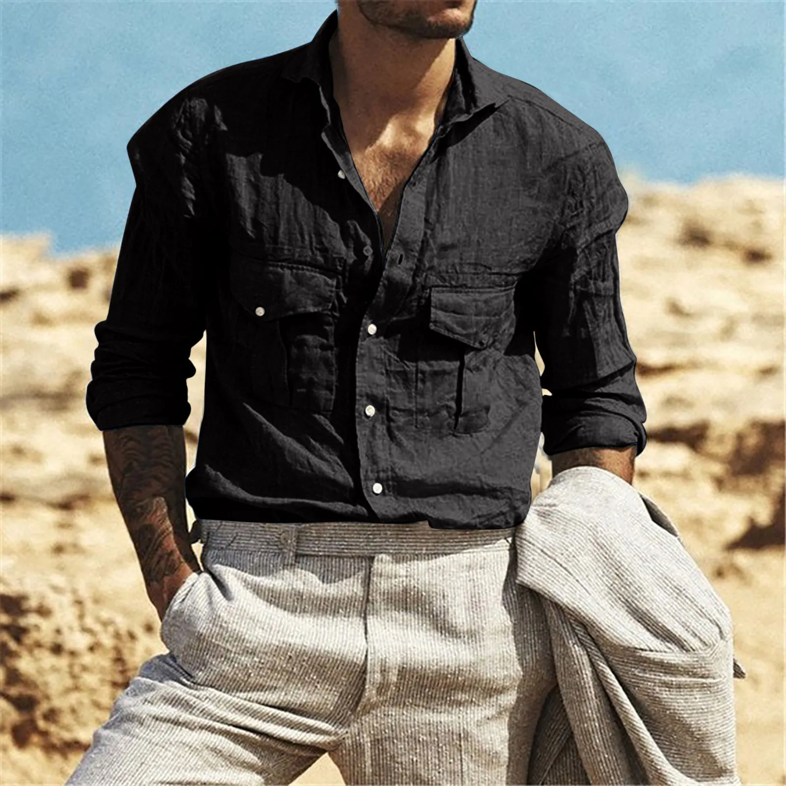 Рубашка мужская с длинным рукавом сорочка из хлопка и льна на пуговицах