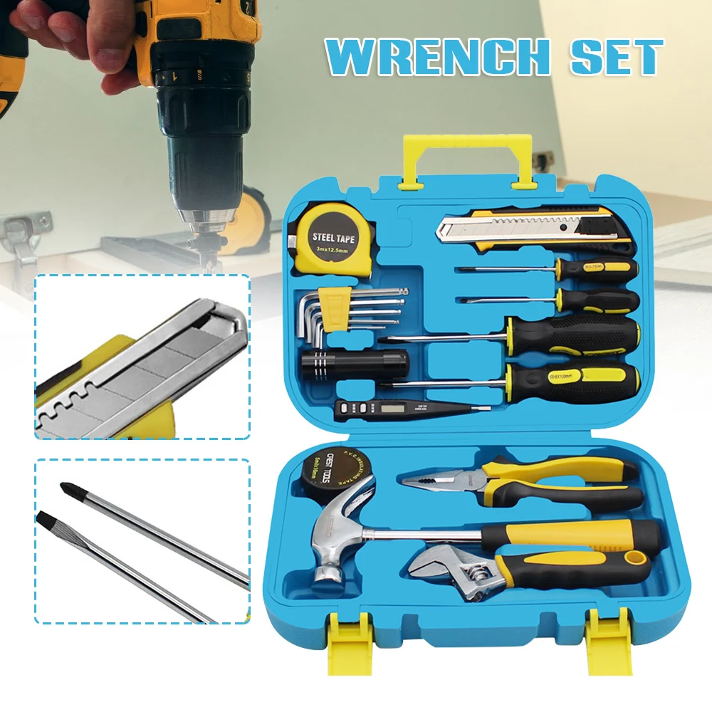 18 Pcs/Set Hand Tools Hammer Wrench Pliers Ruler Durable Carbon Steel Material Household Tools Set