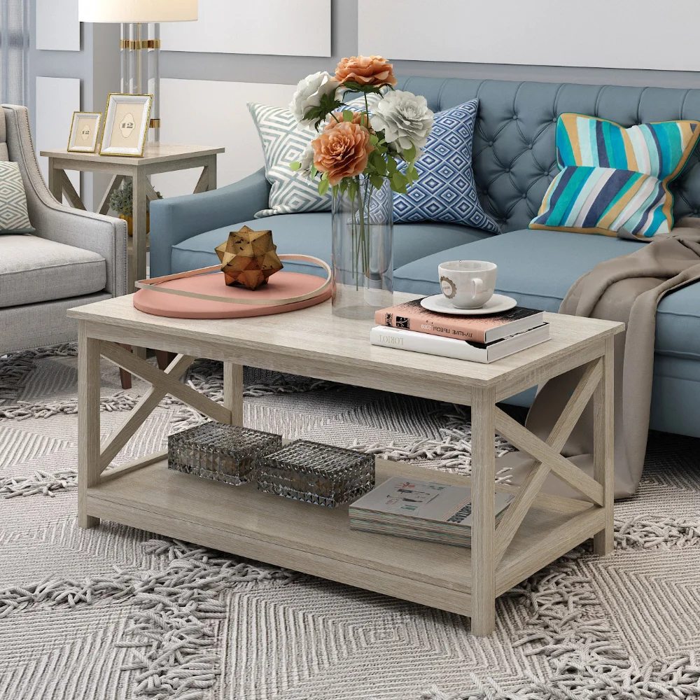 

Wood Coffee Table Tea Table with 2-Tier Storage, 40 Inch Living Room Furniture Shelf