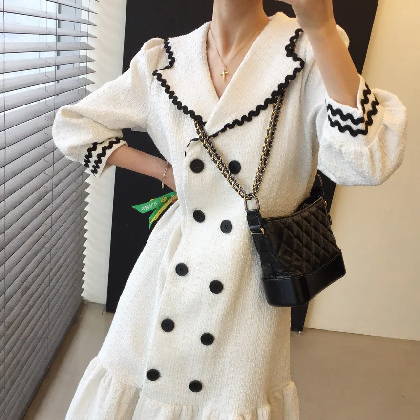 

Navy Collars Double-Breasted Tierred Women Midi Dress Puff Long Sleeve Suit Korea Style Chic Autumn Elegant Commuter Clothing