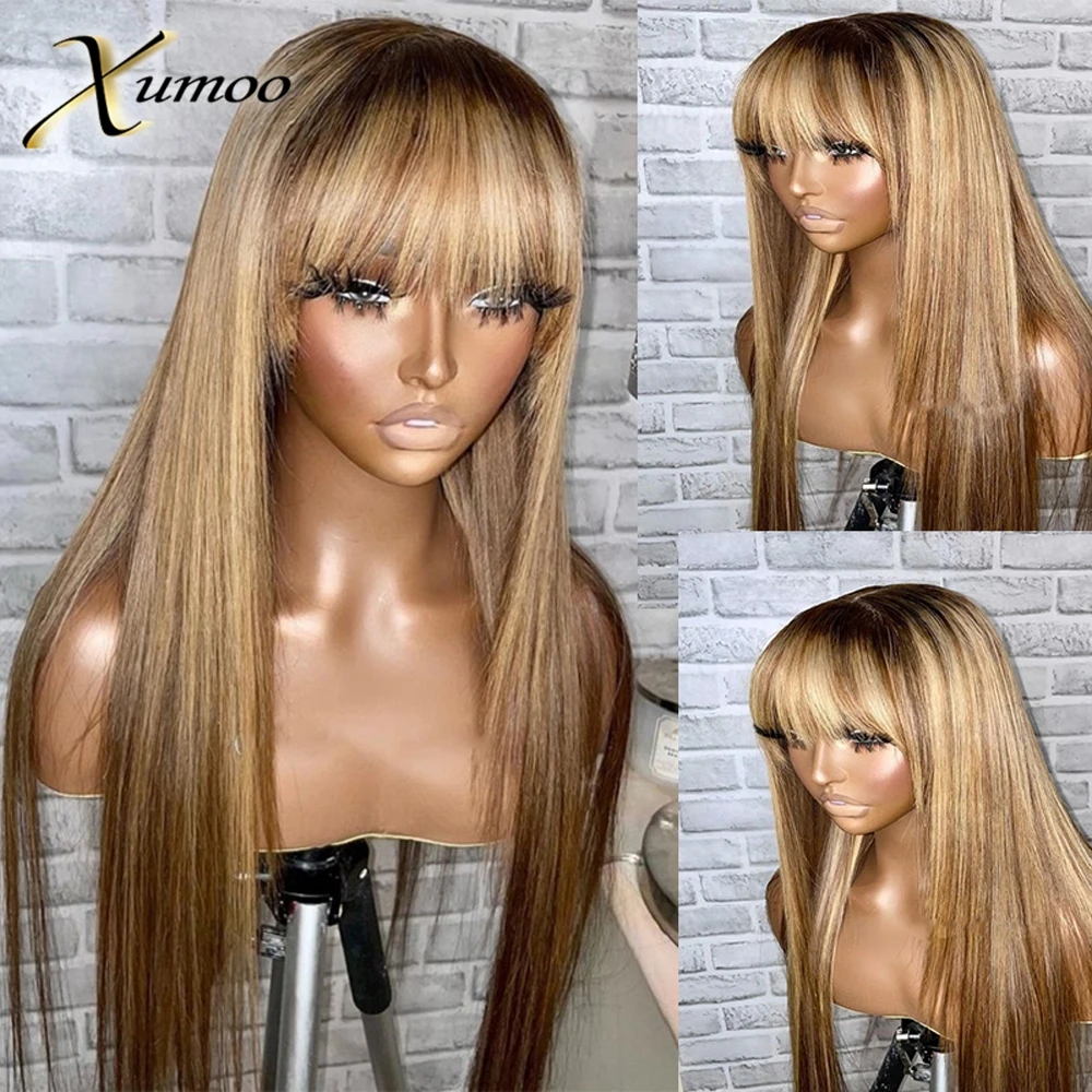 Xumoo Highlight Blonde Color 13x6 Lace Front Wigs With Bangs Brown For Women Indian Remy Human Hair Wig With PrePlucked Hairline