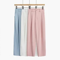 straight trousers womens 2022 spring and summer new fashion drape loose solid color elastic high waist nine points casual pants