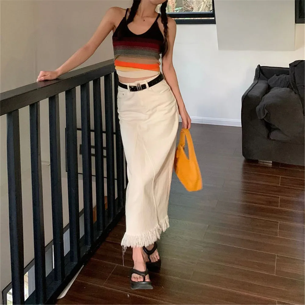 Женская джинсовая юбка с высокой талией белая облегающая длинная составного