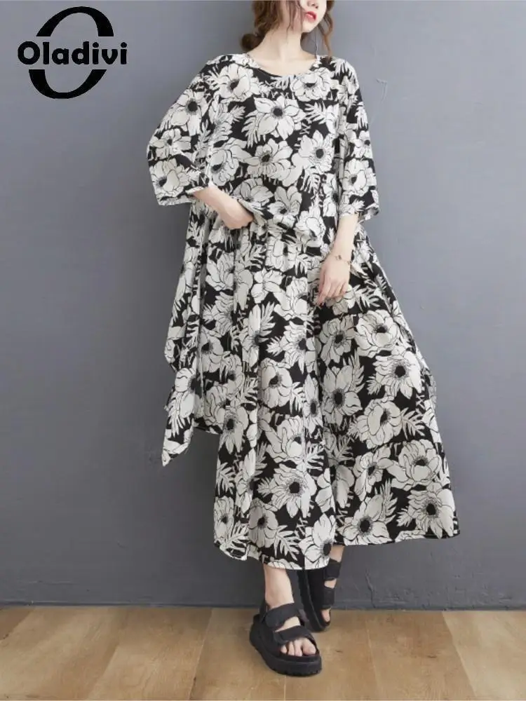

Oladivi Oversized Clothing Fashion Print Two pcs Sets Women Top Tees Bottom Pants Shirt Wide Leg Trousers 2 Piece Suits 5107 4XL