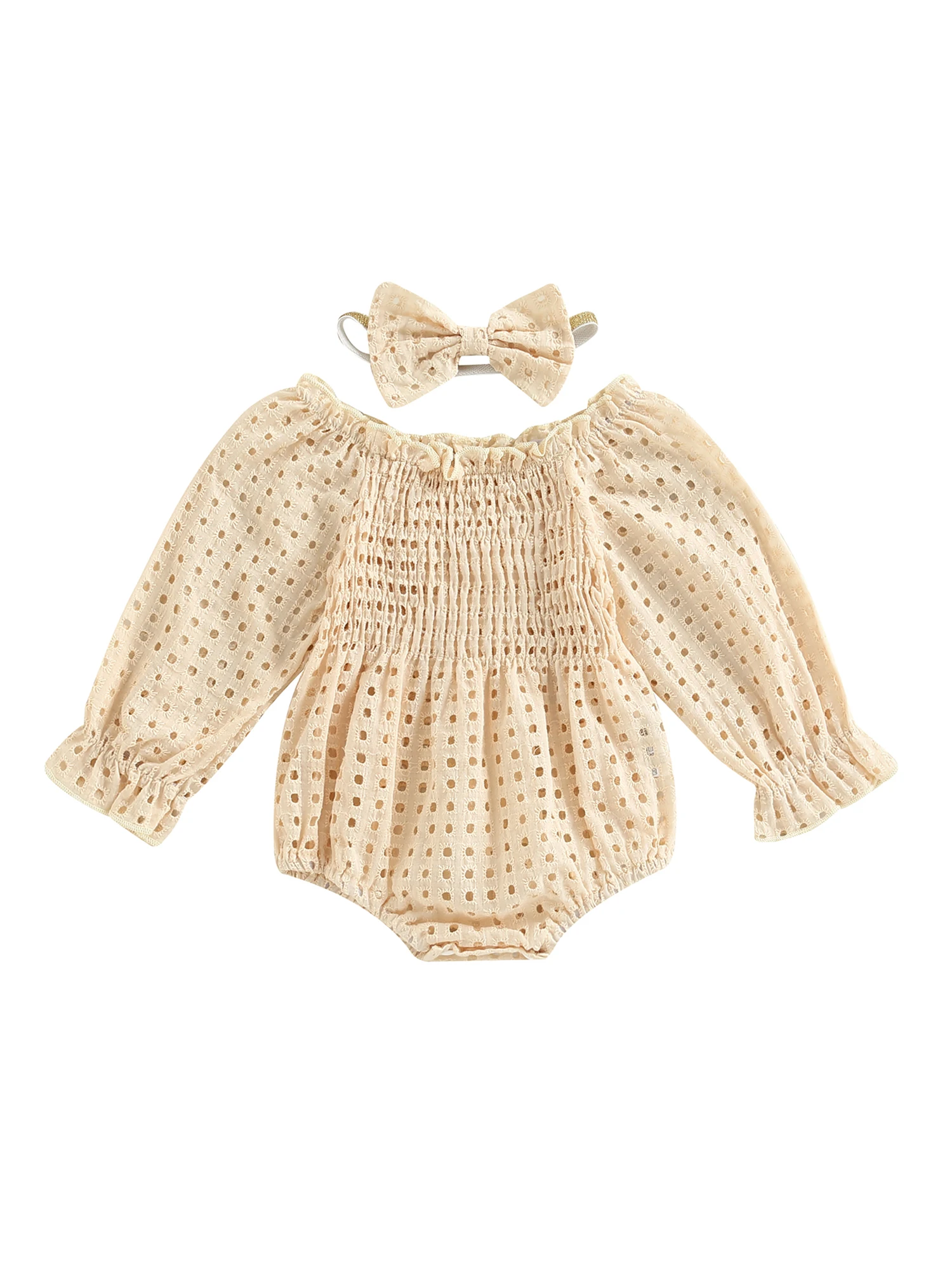 

Toddler Baby Girls Eyelet Romper Long Sleeve Off Shoulder Ruched Playsuit Newborn Outfits with Headband