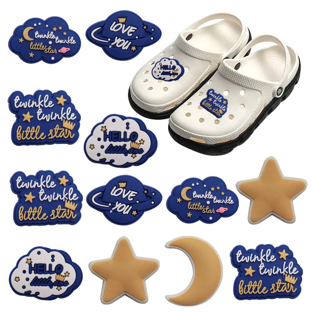 

Wholesale 50pcs PVC Shoe Charms Blue Planet Cloud Moon Star Accessories DIY Shoe Decoration For Croc Jibz Kids X-mas Gift