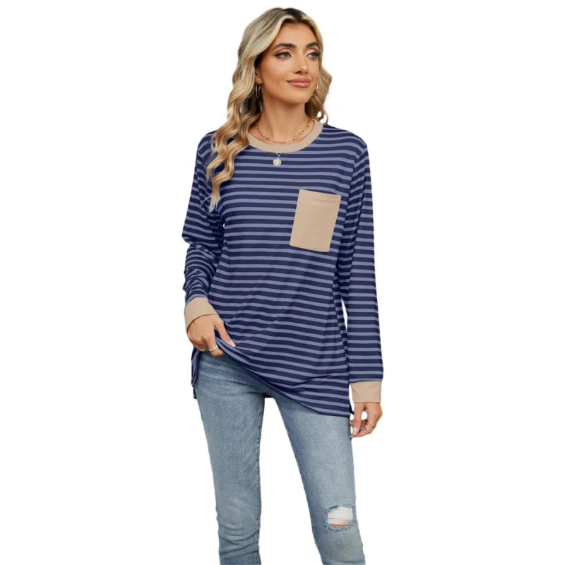 2024 T Shirts Spring New Striped Printed Vintage Casual Loose Pocket Daily Commuting Tee Long Sleeve O-neck Women's Pullover Top