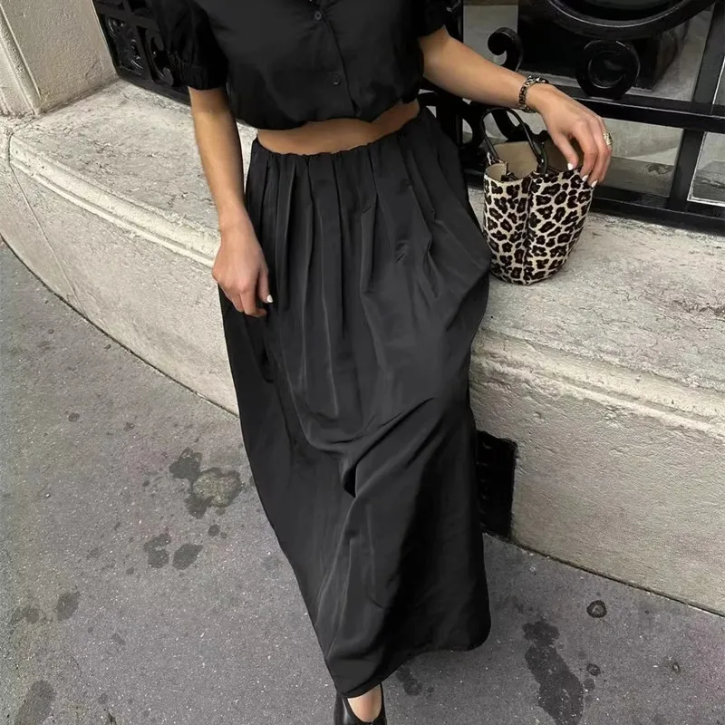 Юбка-миди Женская плиссированная с высокой талией Черная