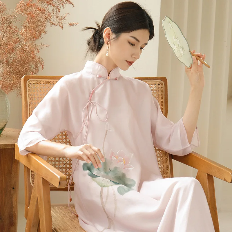 2023 Women's Cheongsam New Chinese Style National Style Retro Hand-painted Chiffon Dress Tang Suit Mid-length Skirt