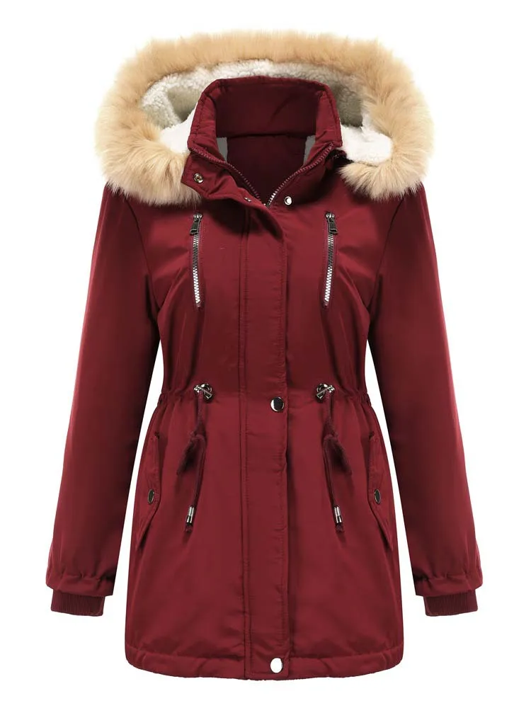 Women's Fashion Winter Coat Lamb Fleece Loose Cotton Parkas Fur Lined Hooded Outwear Jackets Hood Detachable Warm Overcoat