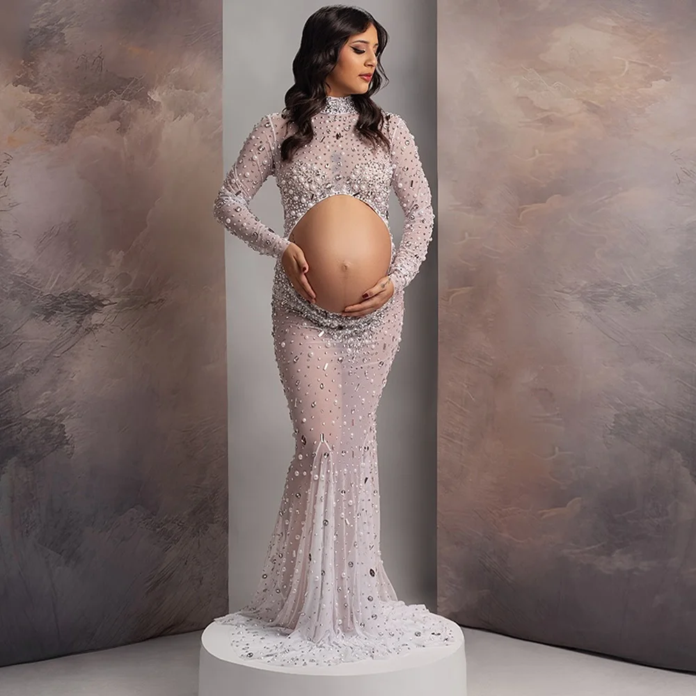 Фото Платье для фотосессии беременных, элегантное блестящее вечернее платье со стразами, сексуальные прозрачные эластичные платья для беременных №3