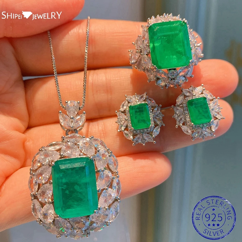 

Shipei 925 Sterling Silver Paraiba Tourmaline Emerald Created Moissanite Gemstone Earrings/Pendant/Necklace/Ring Jewelry Set