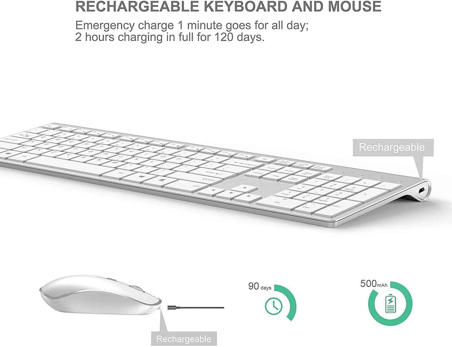 2.4G Rechargeable Wireless Keyboard And Mouse Ergonomic Full-Size Design Russian/English/German/French Laptop/PC/ Windows，Silver enlarge
