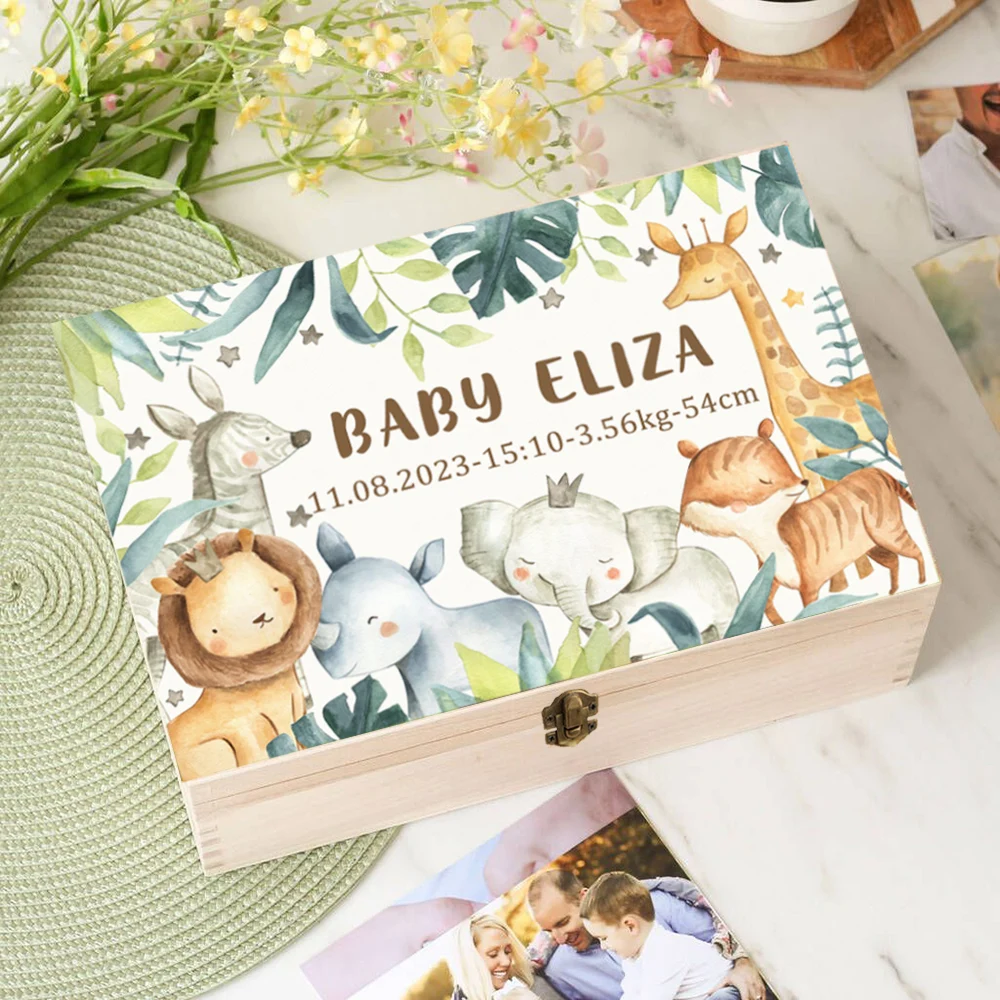 Custom Forest Animal Wooden Box Newborn Shower Gift Infant Birth Stats Present Baby Storage Box