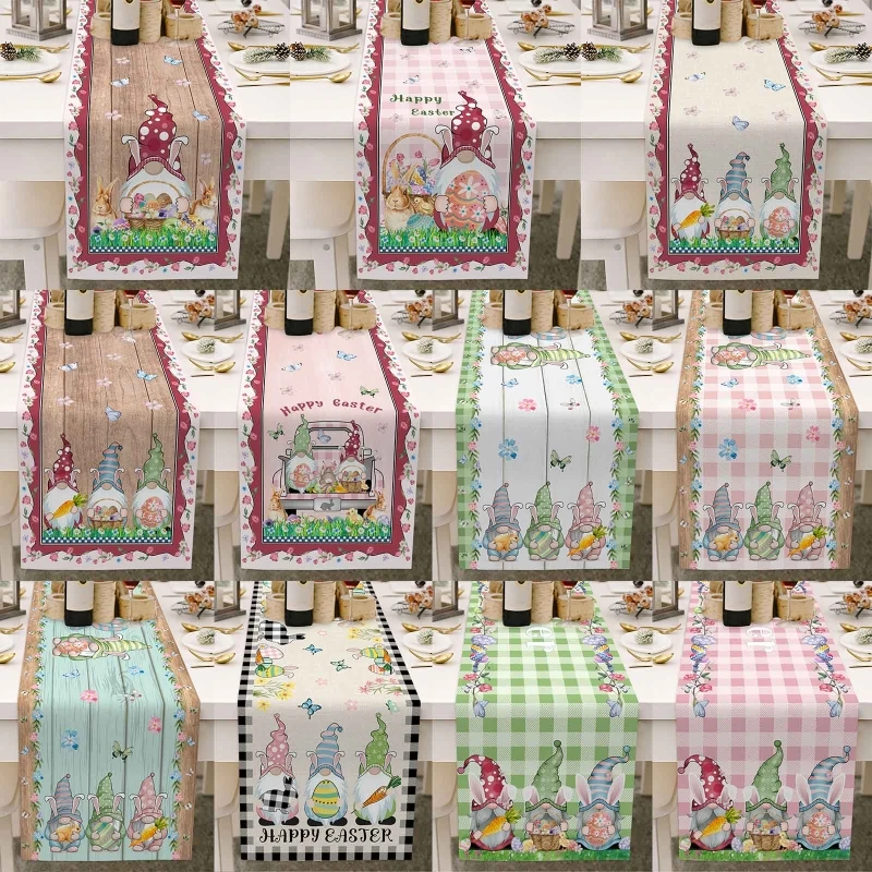 

448B Happy Easter Table Runner 13 x 70 Inch Bunny Gnomes Easter Egg Truck Table Cloth