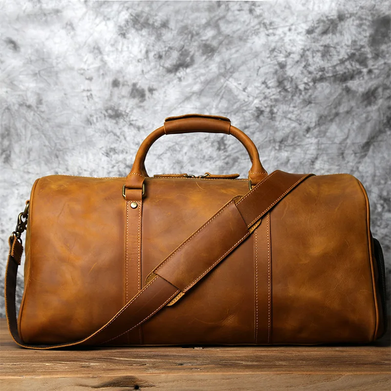 Men's Retro Genuine Leather Travel Bags Hand Luggage First Layer Cowhide 20-35L Weekend Business Trip Handbag Shoulder Messenger