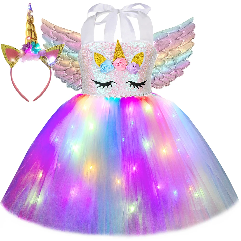 

Pastel Sequins LED Unicorn Dress With Wings Headband Outfit Toddler Baby Girl Unicorns Costumes For Halloween Birthday Dresses