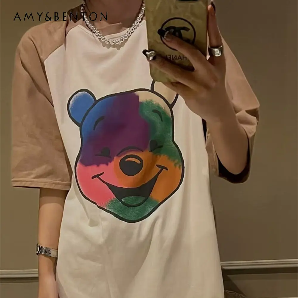 

Thigh-Length Top Women's Clothing 2023 Spring Summer New Korean Style Loose Cartoon Colorful Bear Raglan Sleeve O-Neck T-shirts