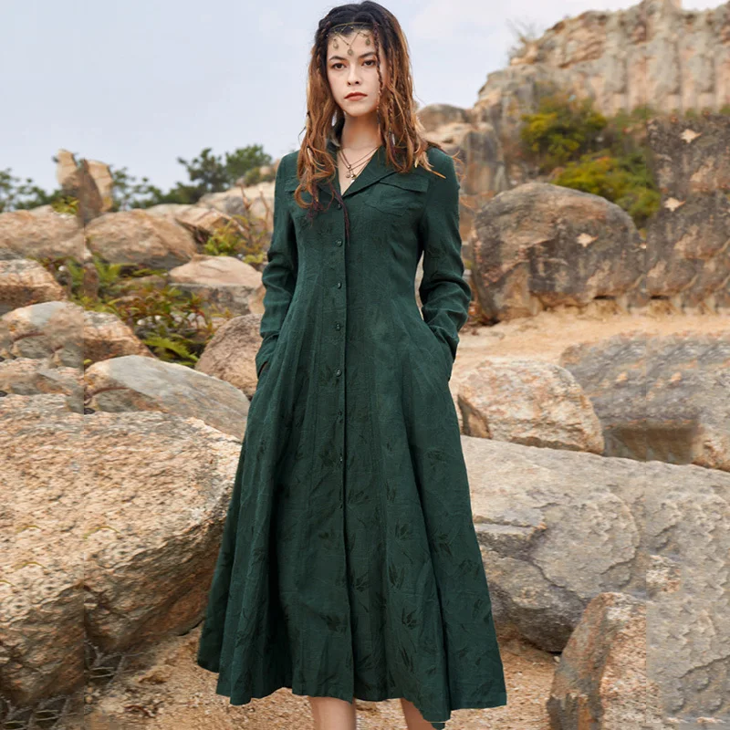 

SeeBeautiful Loose A-line Dress Temperament Embossing Lapel Long Sleeve Single Breasted Women Autumn 2022 New Fashion Q504