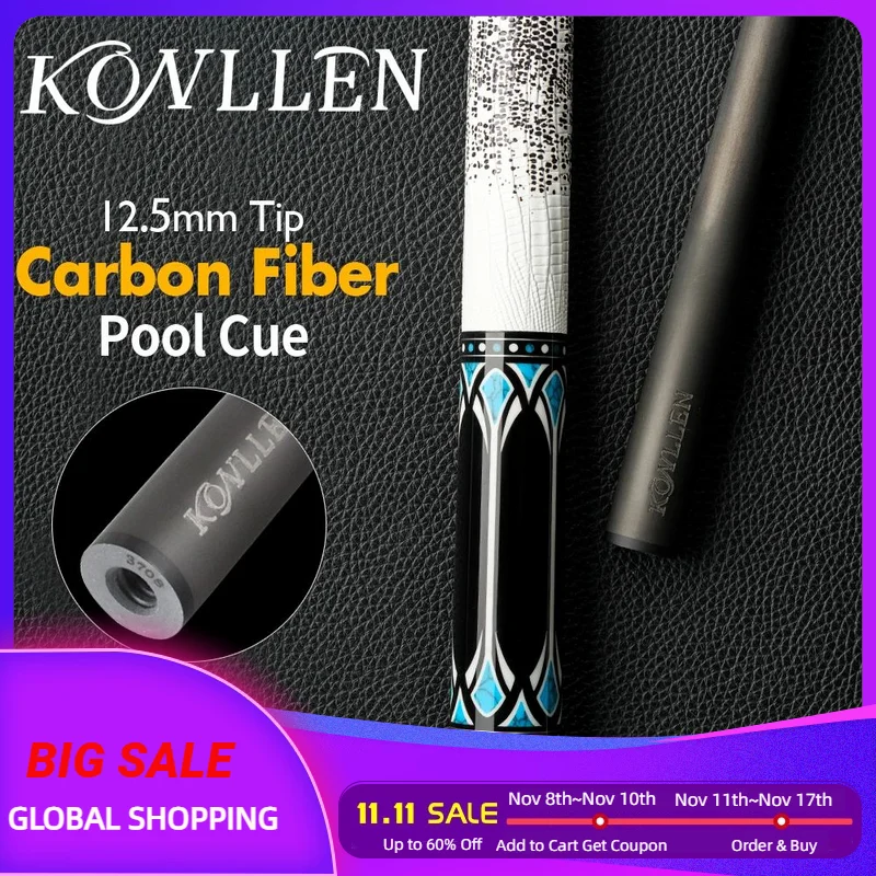 

Карбоновый бильярдный кий KONLLEN, модель 12,3-12,5 мм, наконечник 3/8*8, радиальный штырь/3/8*11