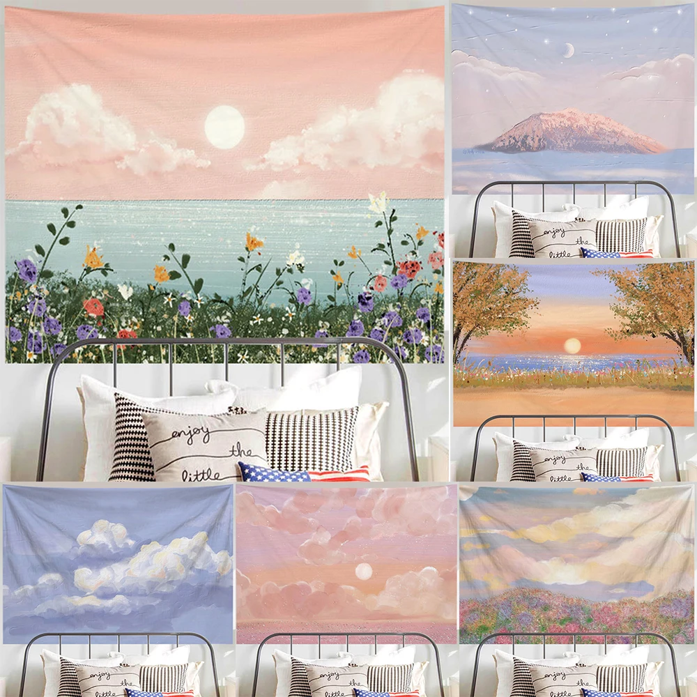 

3D Oil Scenery Hanging Cloth Living Room Decor Aesthetics Tapestry Wall Hanging Flowers And Plants Sun And Moon Wall Decoration