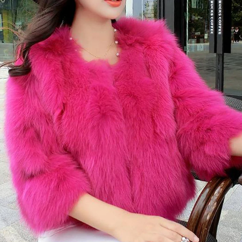 Korean Fashion Faux Fur Coat Woman Winter Short Black White Slim Long Sleeve Imitation Rabbit Fur Overcoat Artificial Fur Jacket