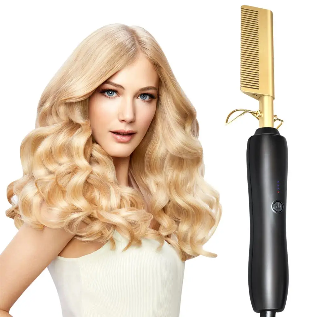 

2 in1 Hot Comb Hair Straightener Electric Heating Comb Fast Heating Portable Travel Anti-Scald Beard Straightener Press Comb