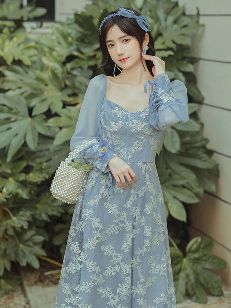 

Женское платье во французском стиле ретро, длинное кружевное платье во французском дворцовом ретро-стиле с квадратным вырезом и тяжелым вышивкой, подчеркивающее индивидуальность, новинка на лето