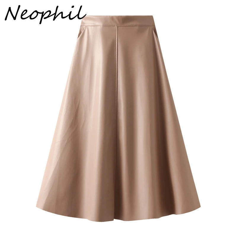 

Шикарная латексная зимняя женская юбка Neophil, черная эластичная юбка из искусственной кожи с высокой талией, трапециевидная расклешенная винтажная длинная юбка S23107