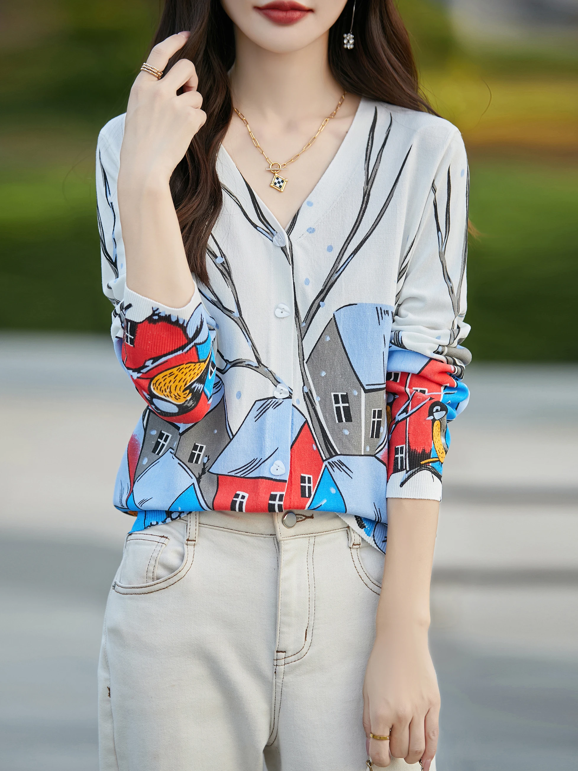 Женский трикотажный кардиган с длинным рукавом и V-образным вырезом